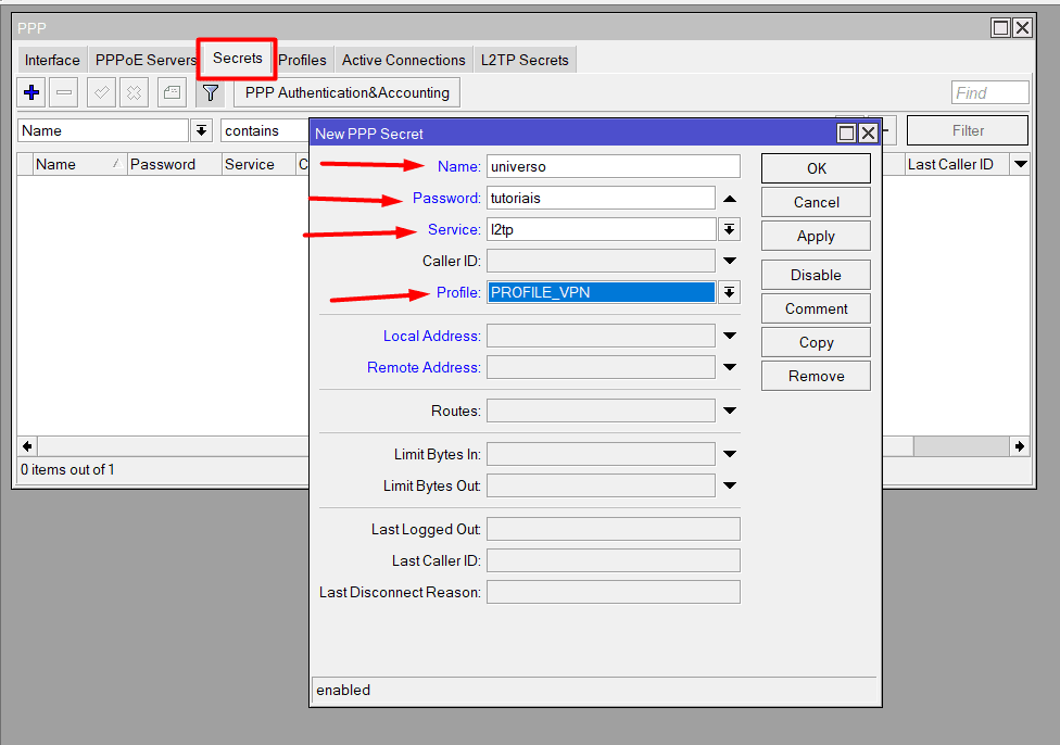 Como criar VPN no Mikrotik 4 secret vpn l2tp 1